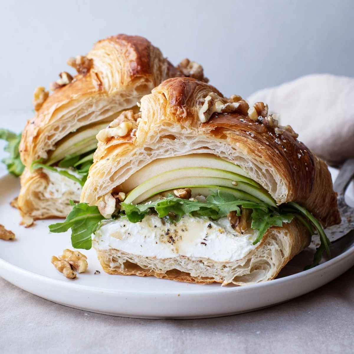 Savory Apple Goat Cheese Croissant Sandwich Recipe drizzled with honey, crunchy walnuts