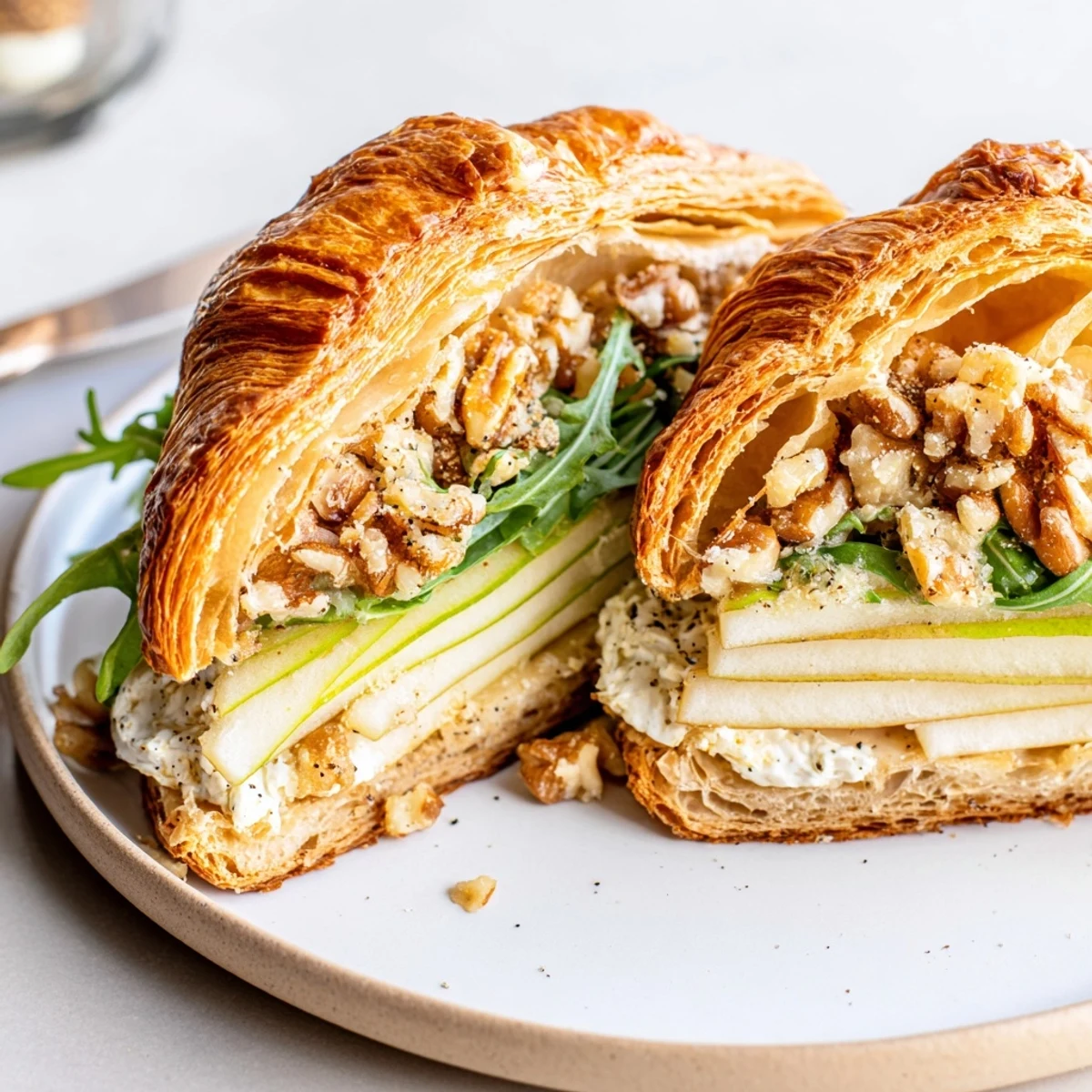 Apple Goat Cheese Croissant Sandwich Recipe with buttery croissant, crisp apple slices, arugula