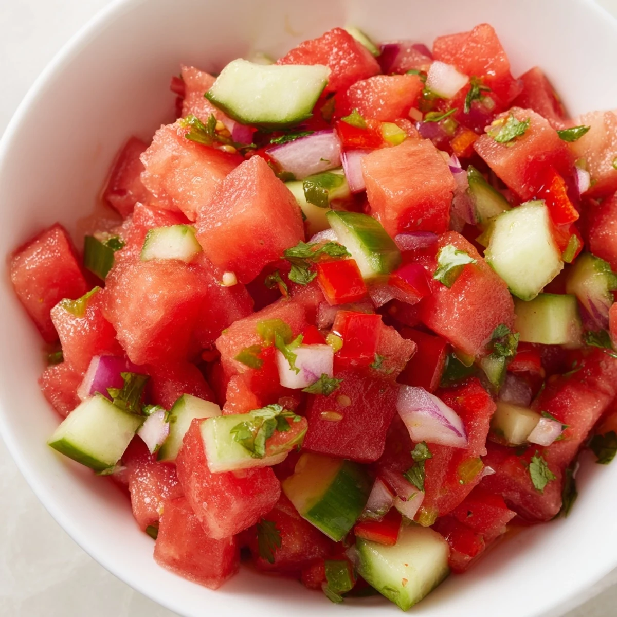 Fresh watermelon salsa with diced cucumbers and peppers served beside golden cinnamon sugar tortilla chips