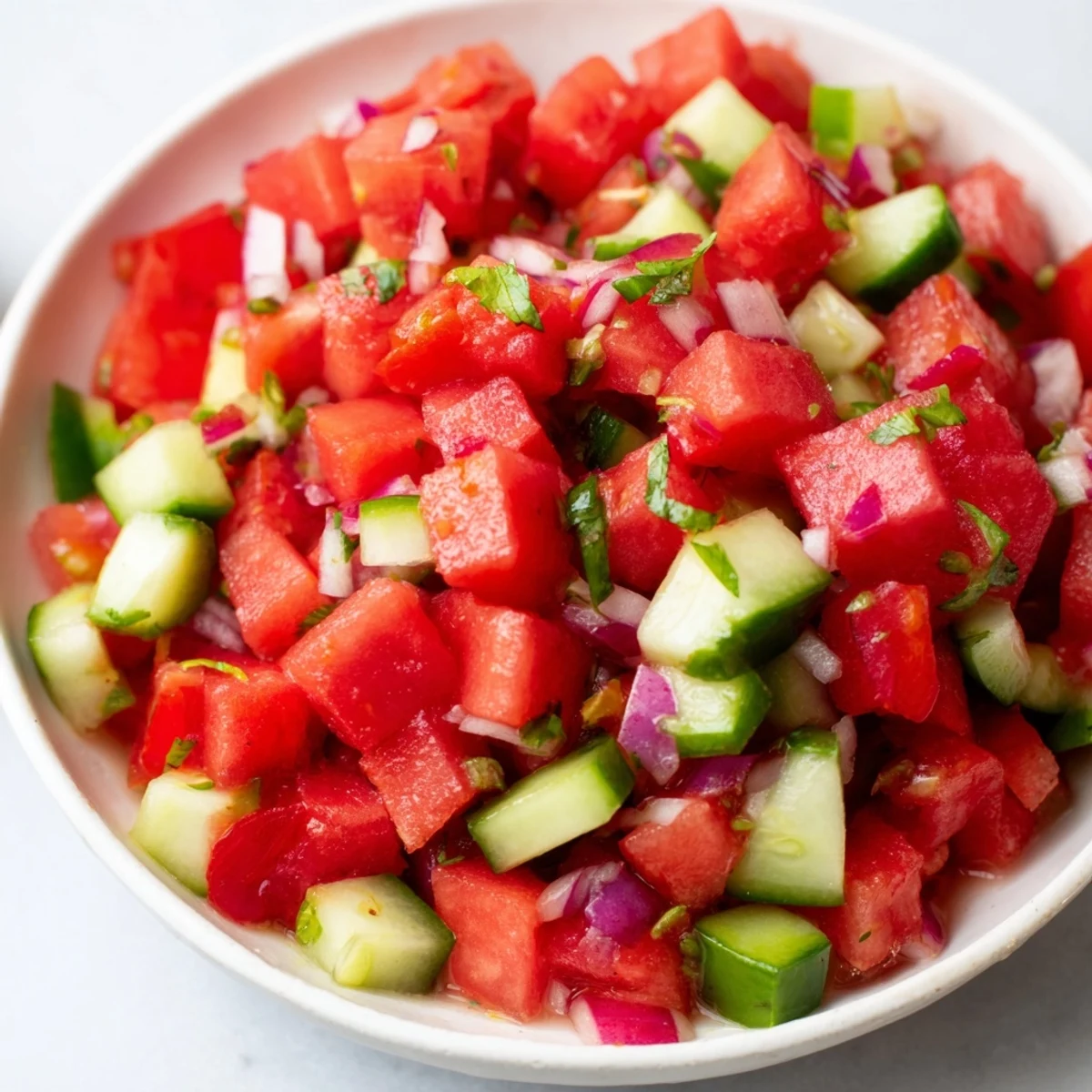 Bowl of juicy watermelon salsa featuring red onion and cilantro paired with crispy cinnamon coated chips
