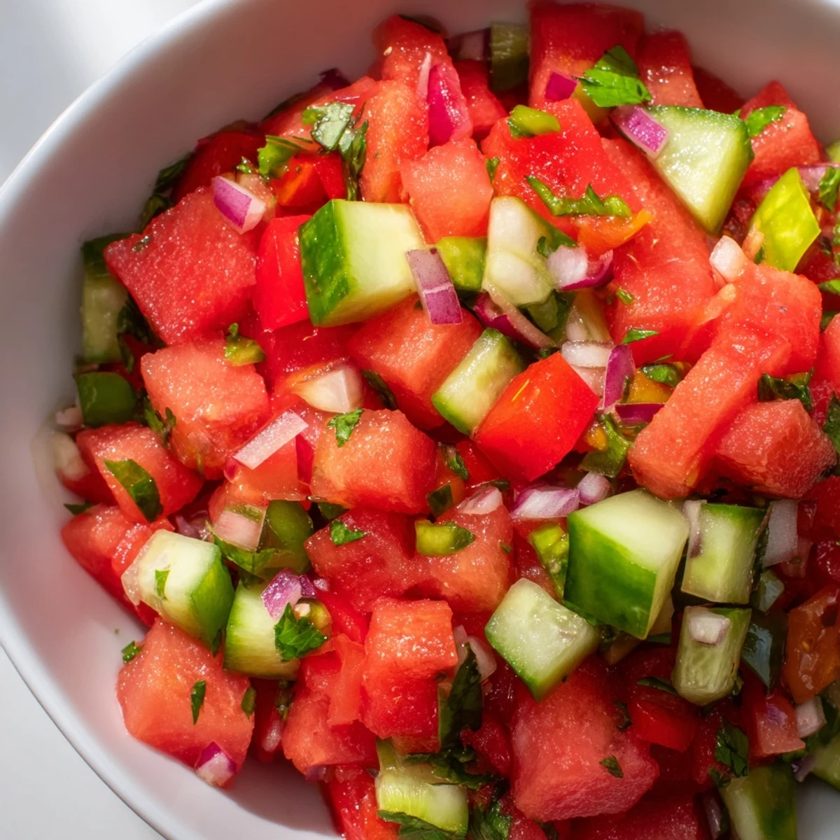 Colorful summer appetizer with watermelon salsa and warm cinnamon tortilla chips on a serving platter