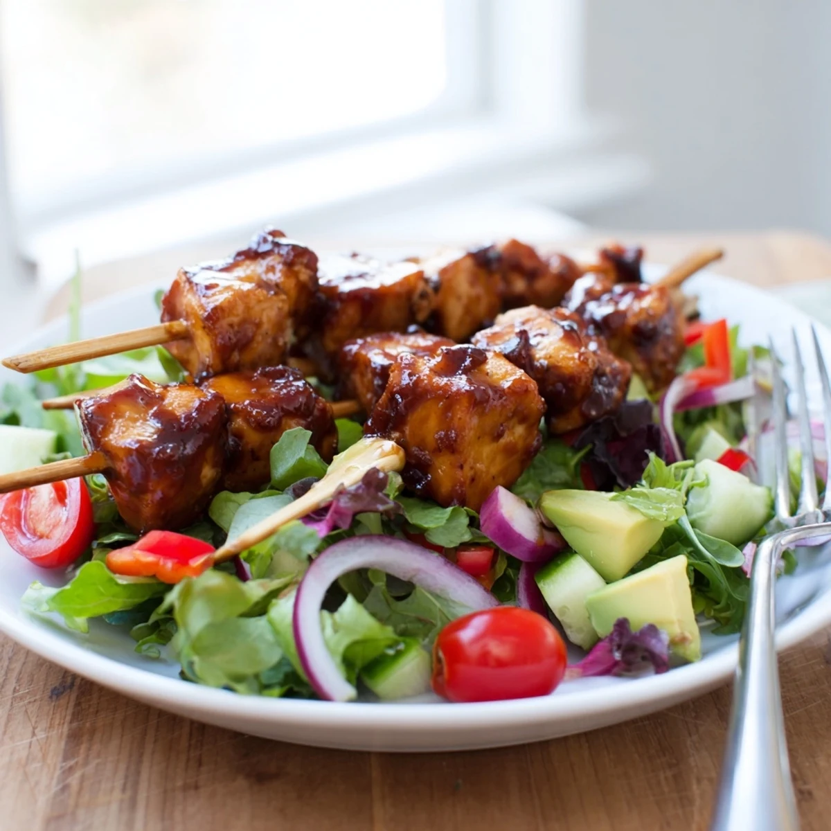 Colorful BBQ chicken skewer salad with grilled chicken, fresh vegetables, and tangy lemon dressing