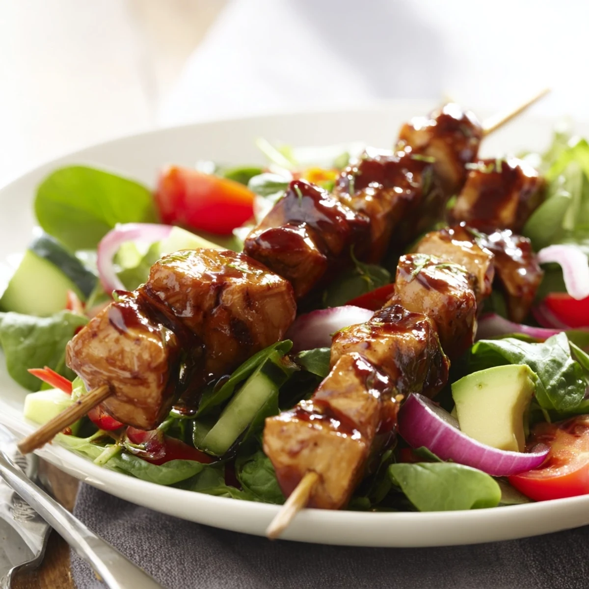 Summer BBQ chicken skewer salad featuring smoky grilled chicken atop crisp mixed greens and veggies