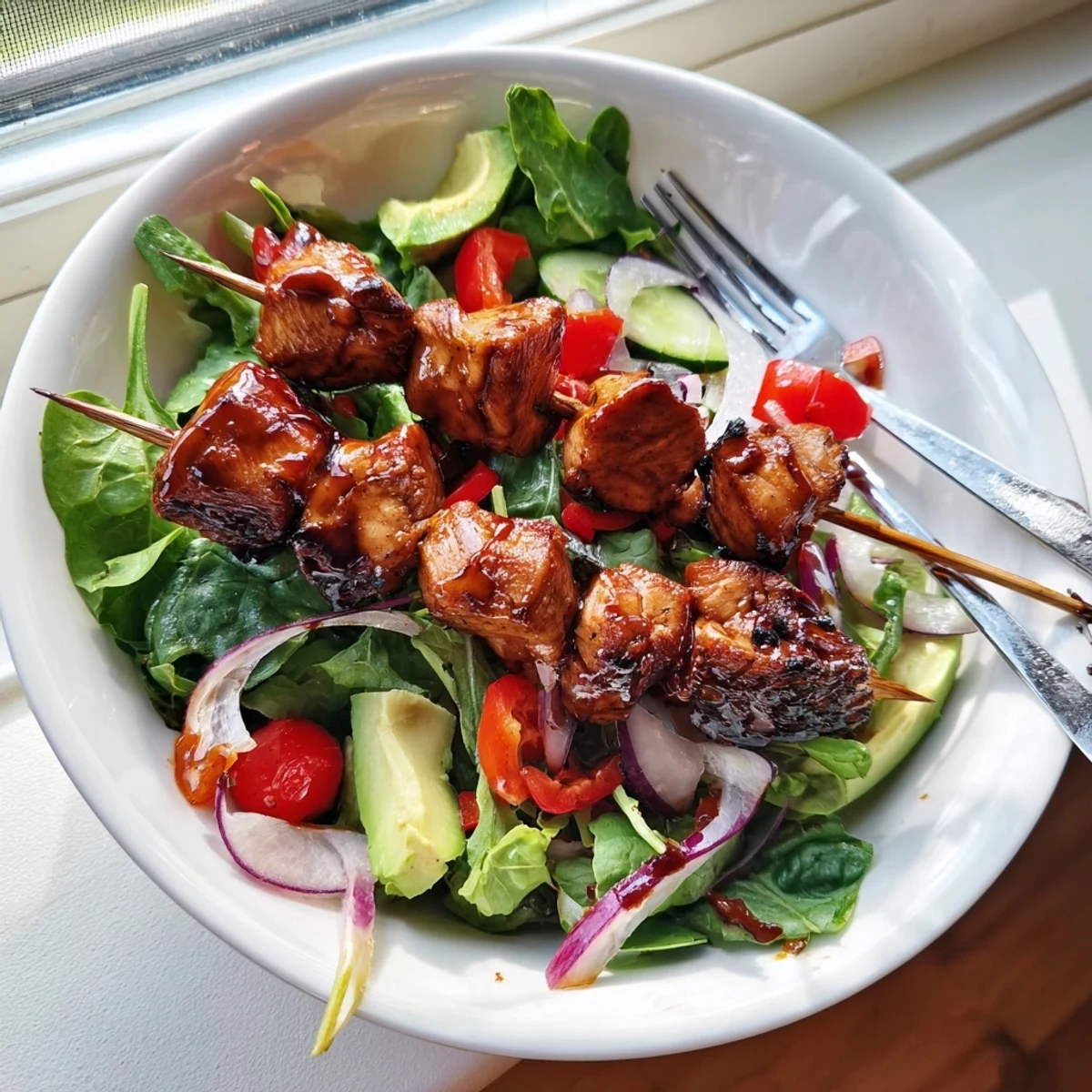 Vibrant bowl of BBQ chicken skewer salad with charred chicken, colorful vegetables, and creamy avocado