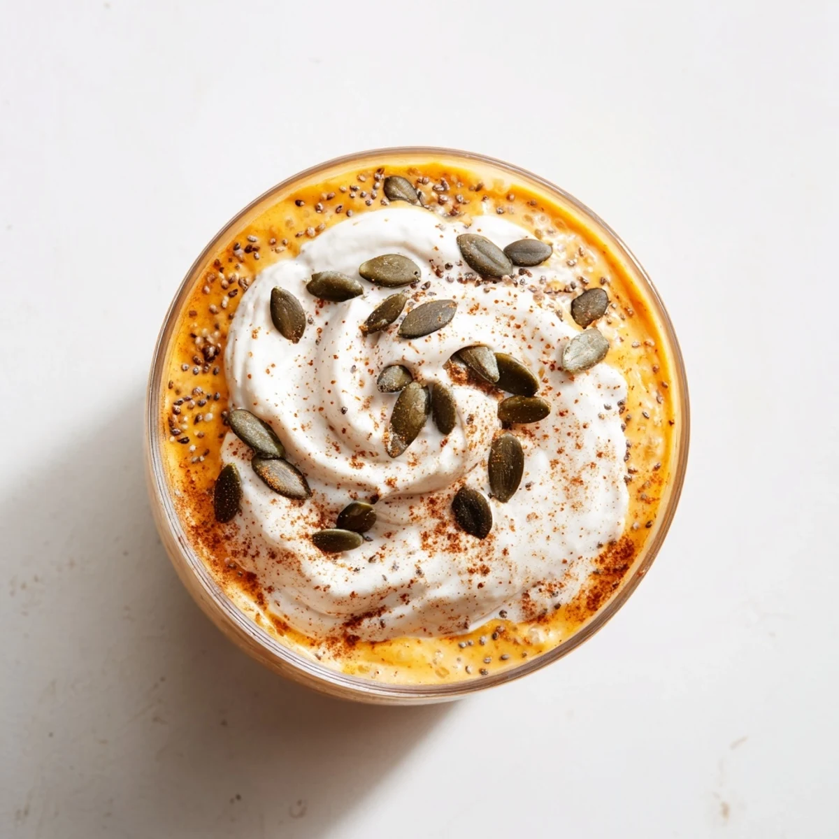 Creamy pumpkin chia refreshment topped with coconut whipped cream and toasted pumpkin seeds in a clear glass