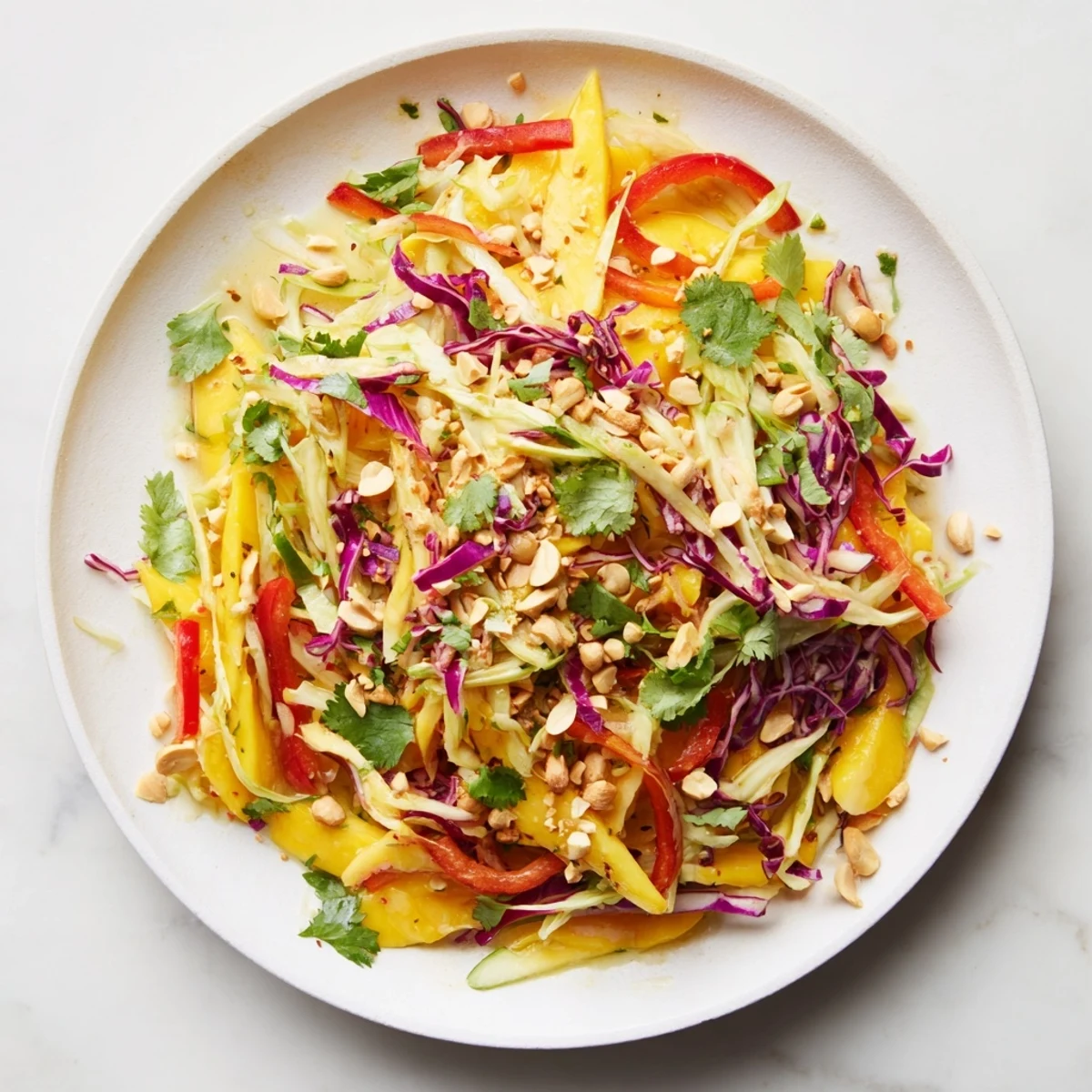 Garden fresh refreshing mango slaw topped with sesame seeds and cilantro on rustic wooden table