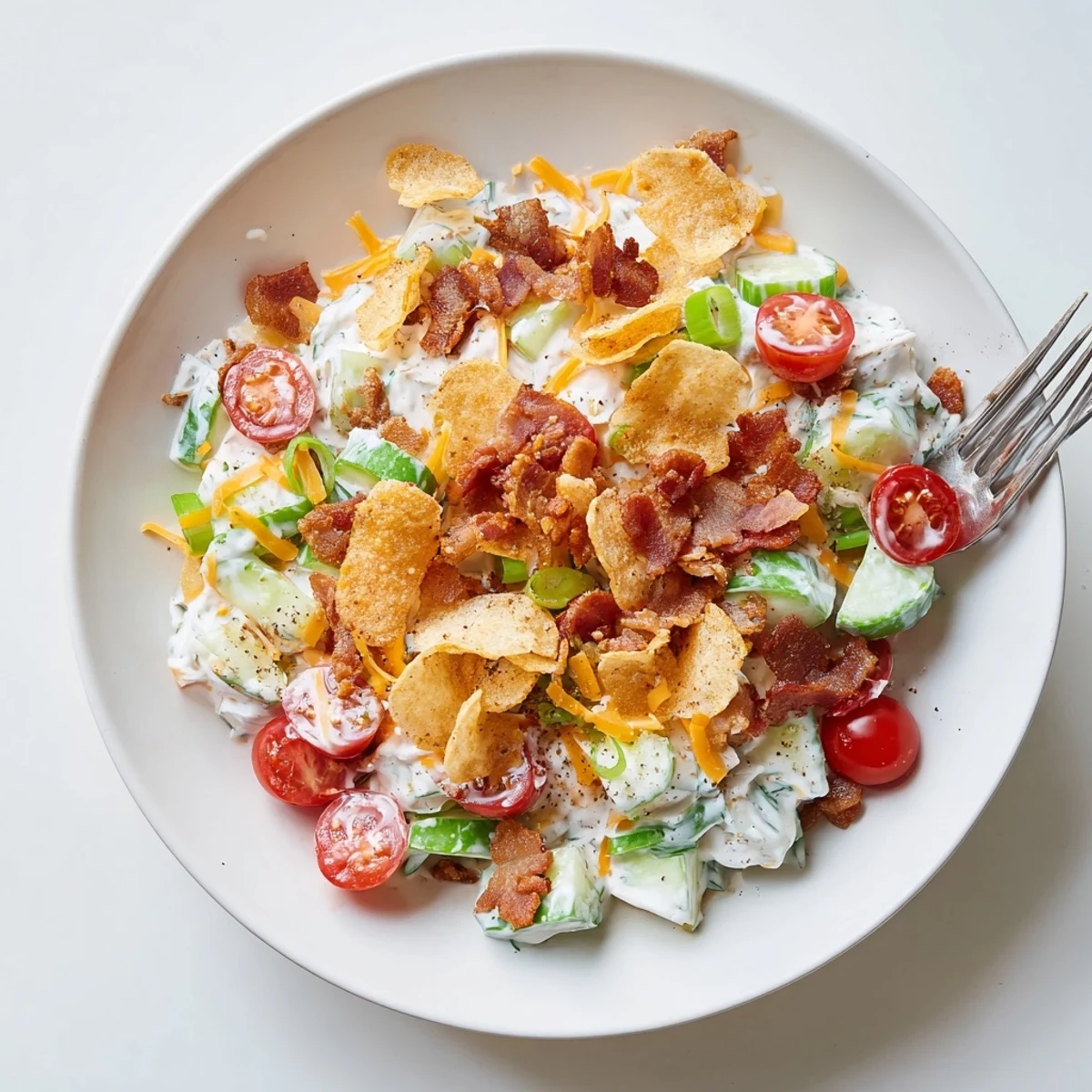 Creamy cucumber ranch crack salad topped with crispy bacon crumbles and shredded cheddar cheese in a white serving bowl