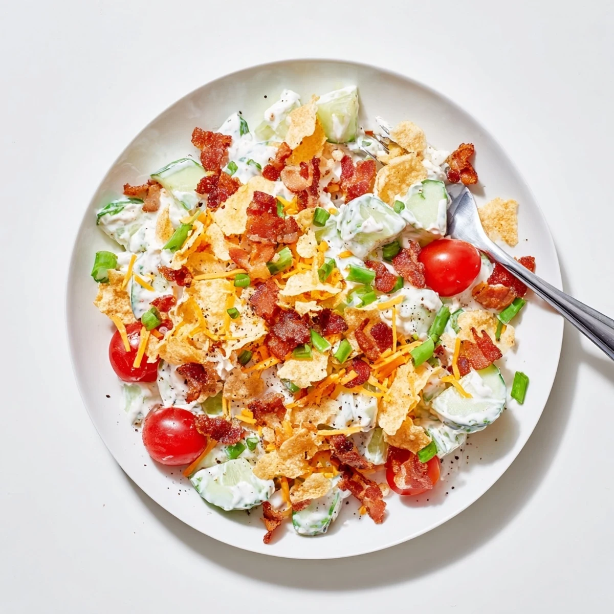 Fresh cucumber ranch crack salad bowl featuring cherry tomatoes green onions and crunchy crushed potato chip garnish