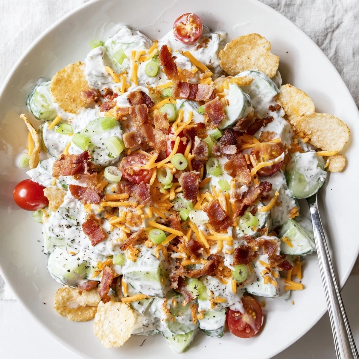 Close-up of cucumber ranch crack salad layered with bacon cheese and ranch dressing for summer potluck gatherings