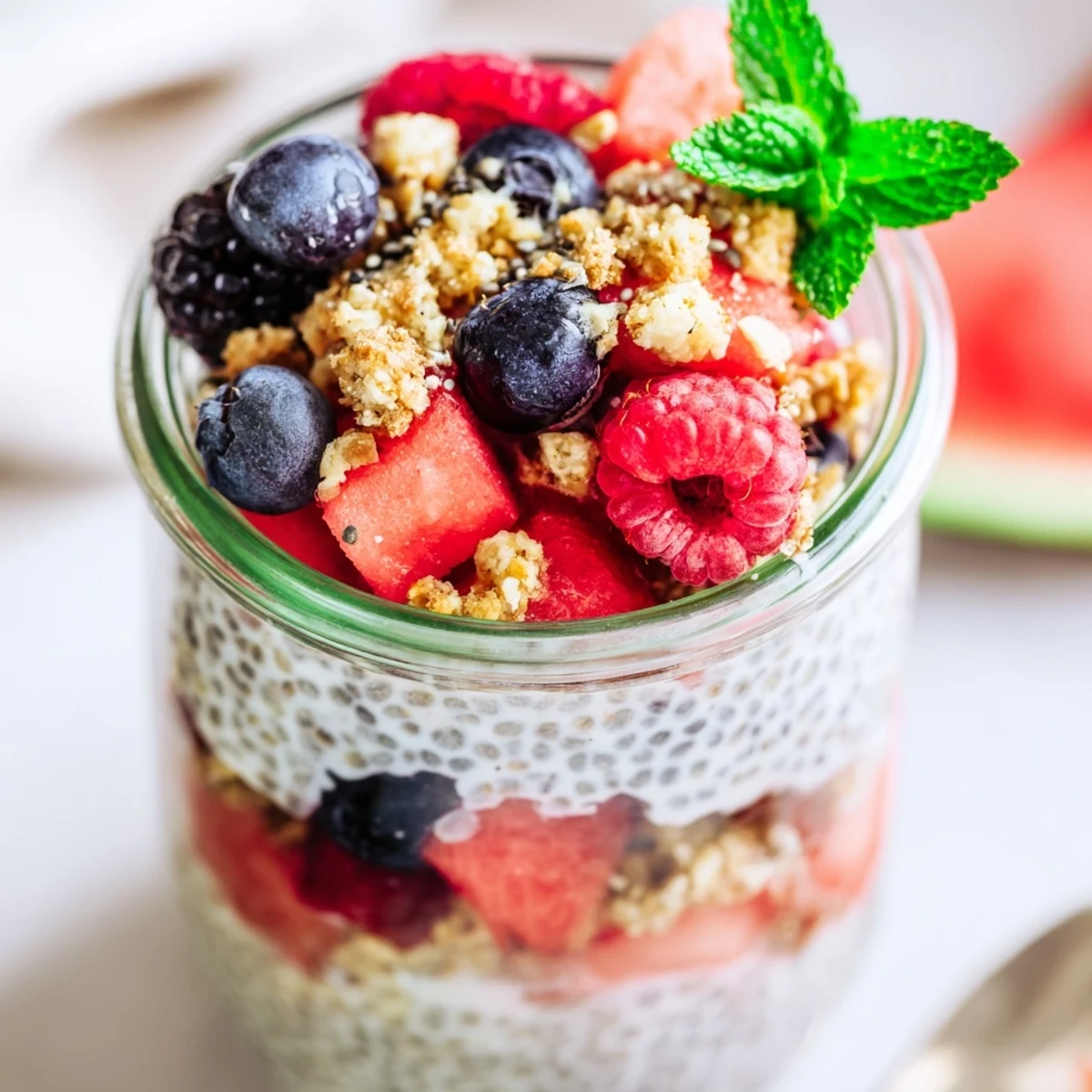Layered watermelon chia parfait in glass jar with fresh berries and mint garnish