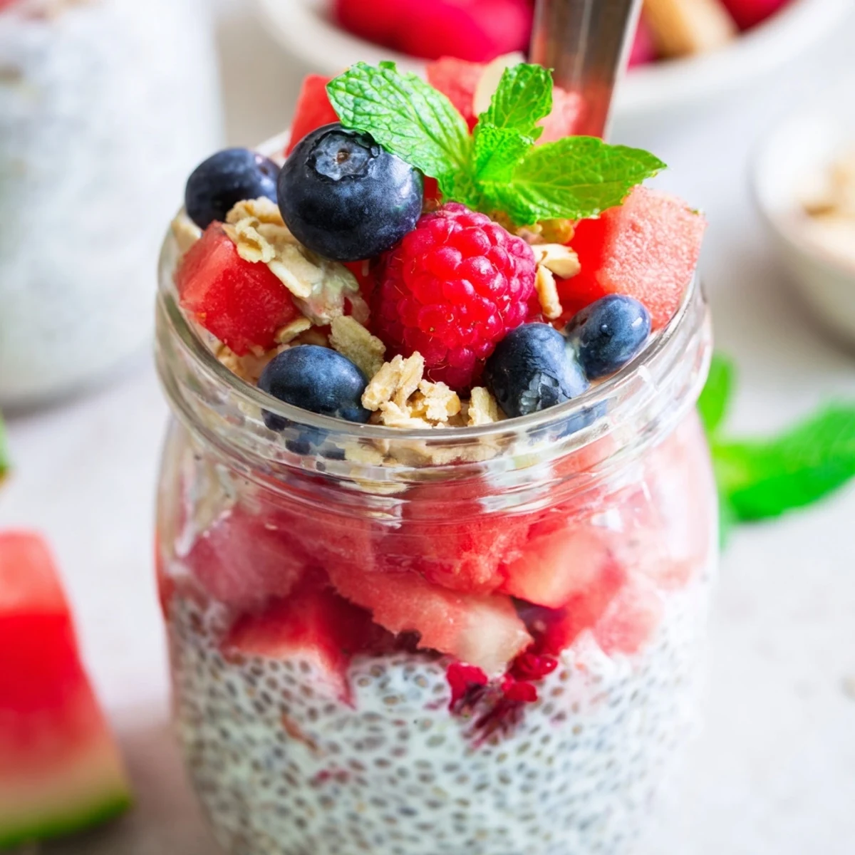 Vegan watermelon chia parfait dessert with juicy fruit layers and fresh mint sprig