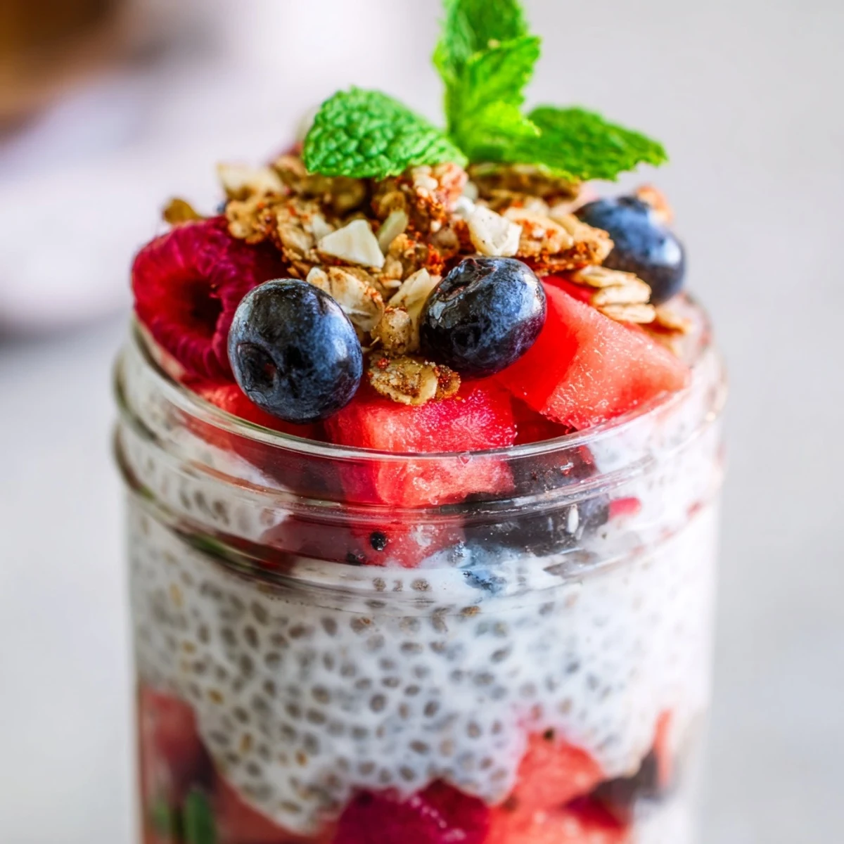 Refreshing watermelon chia parfait with creamy pudding and mixed summer berries topped with granola