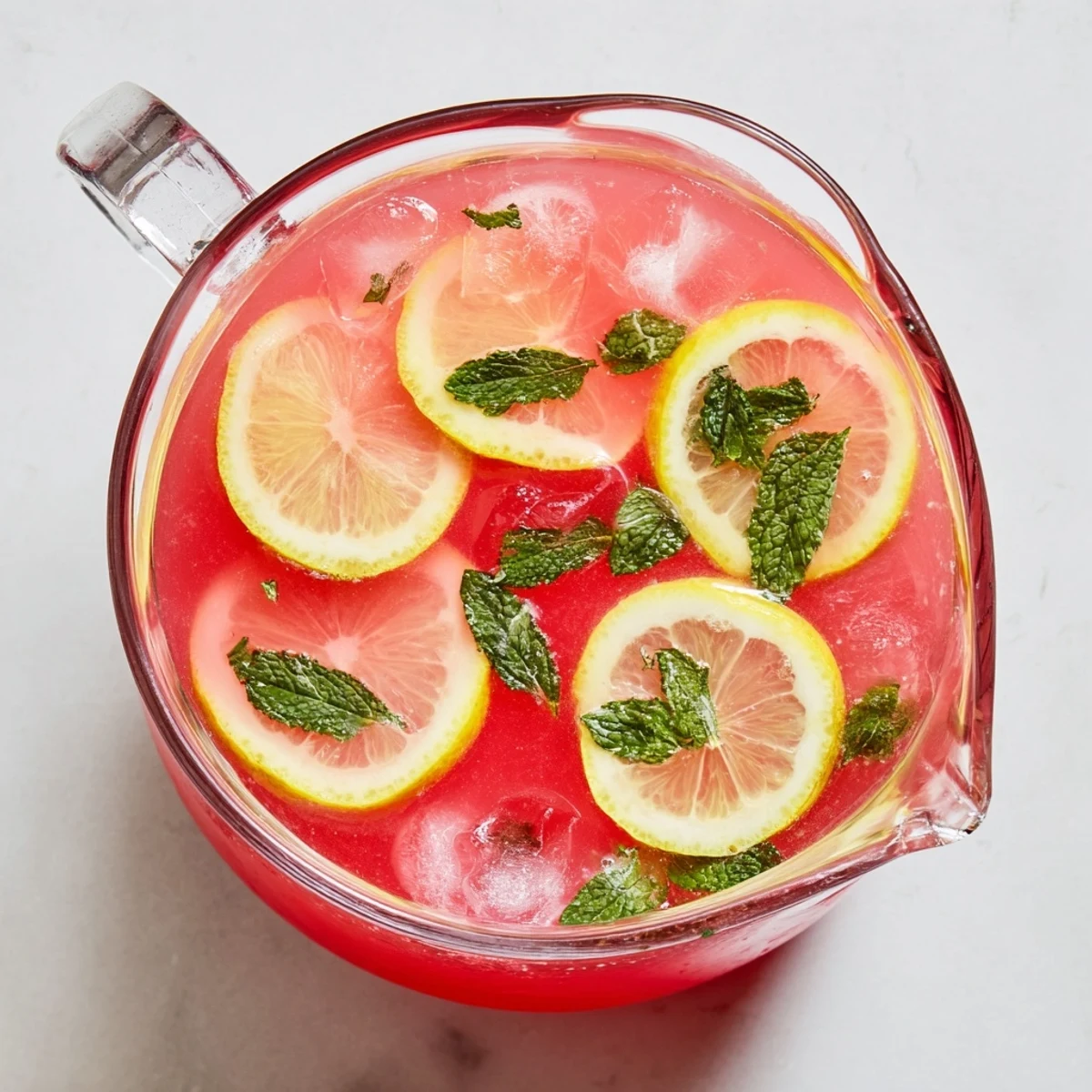 Refreshing watermelon lemonade poured over ice cubes with floating watermelon chunks on a sunny day