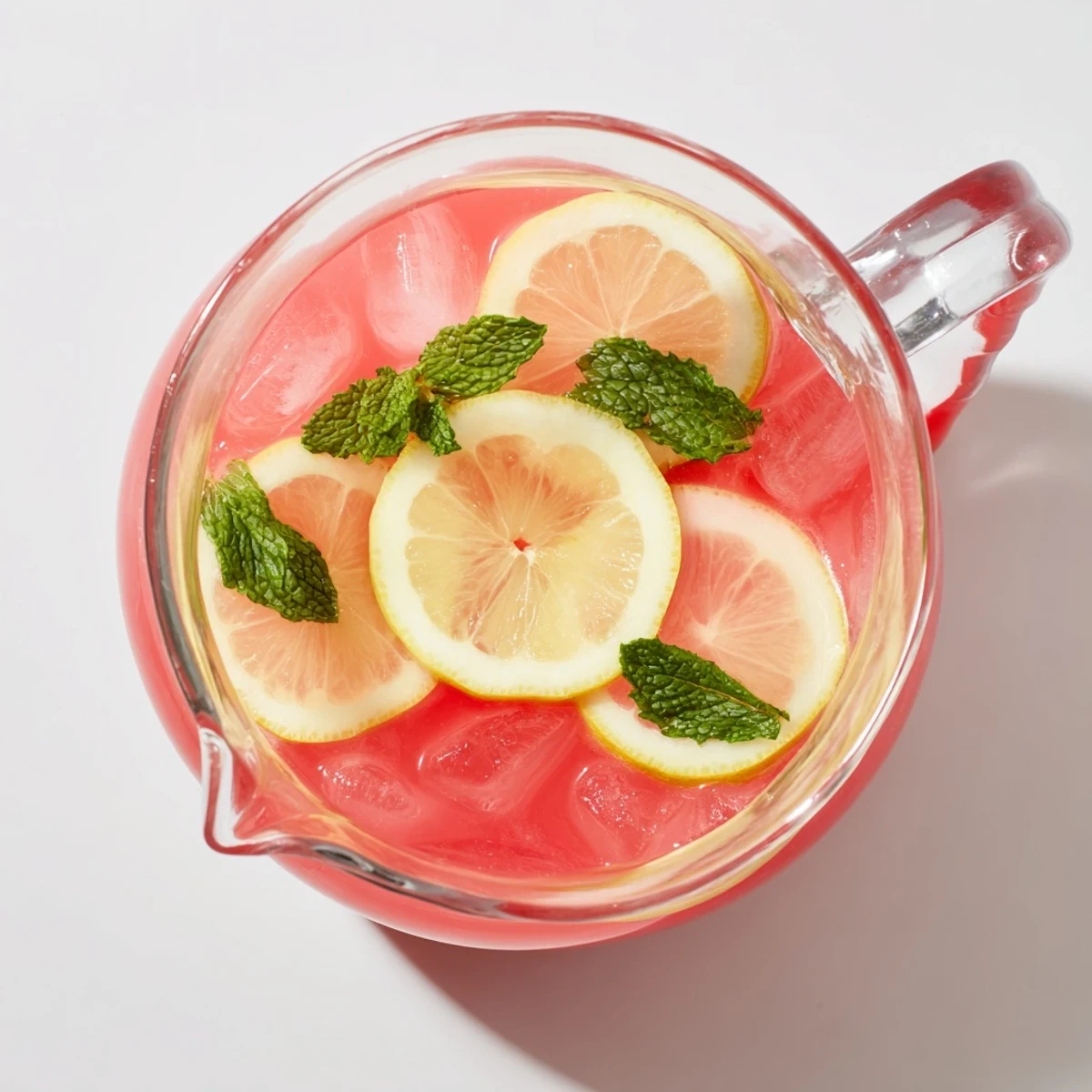 Pink watermelon lemonade garnished with fresh lemon slices and mint sprigs in a glass pitcher