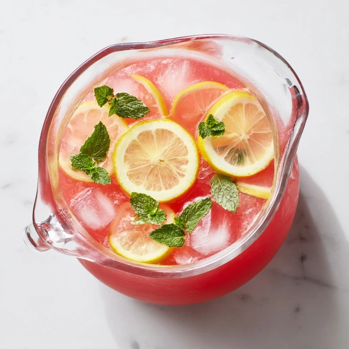 Thirst-quenching watermelon lemonade displaying vibrant pink color topped with lemon wheels and fresh mint