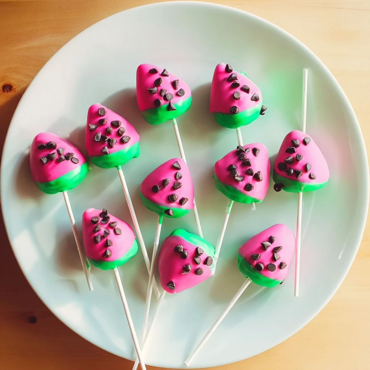 Watermelon cake pops on sticks displaying pink centers, green rinds, and chocolate chip seeds