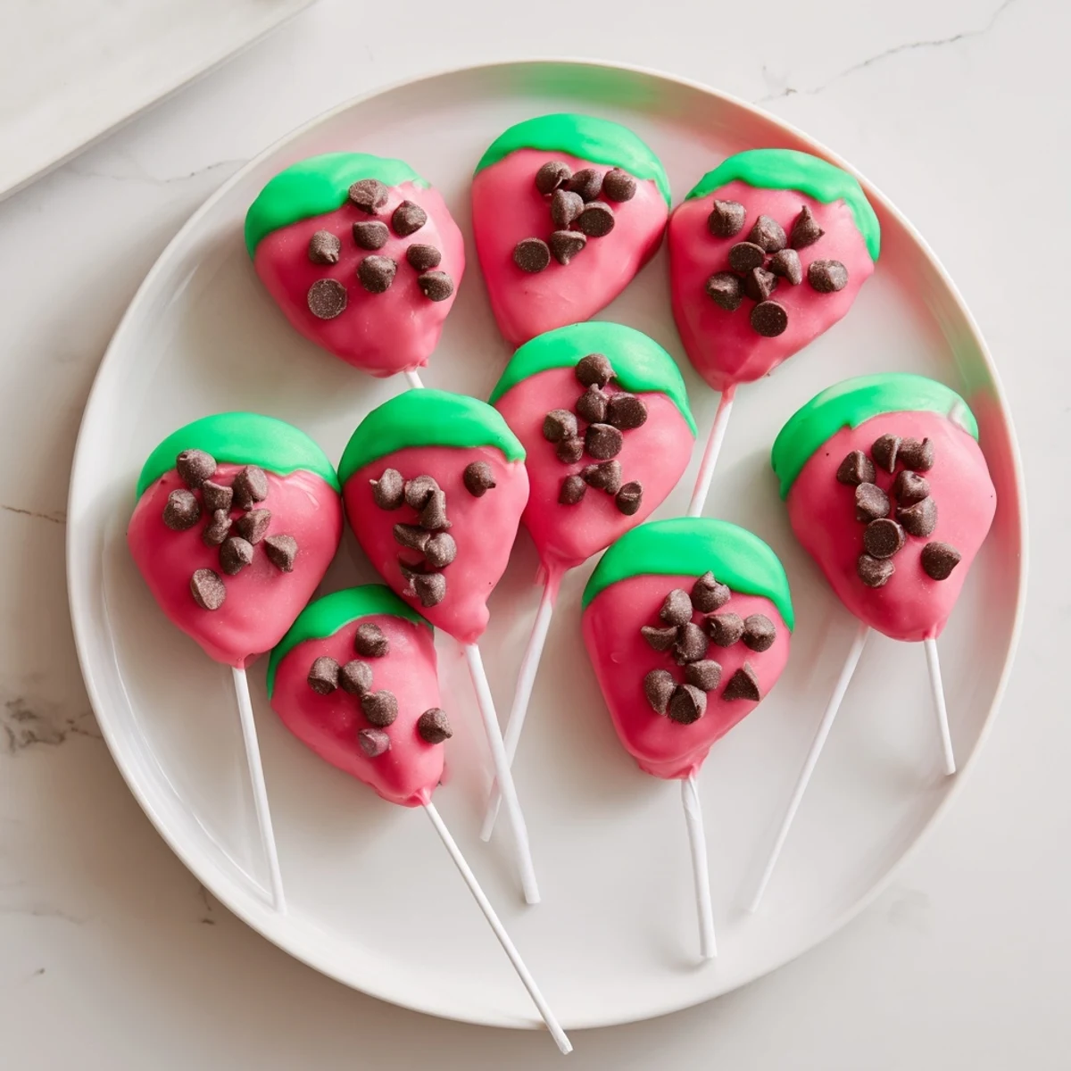 Bite-sized watermelon cake pops arranged on serving platter ready for summer party dessert