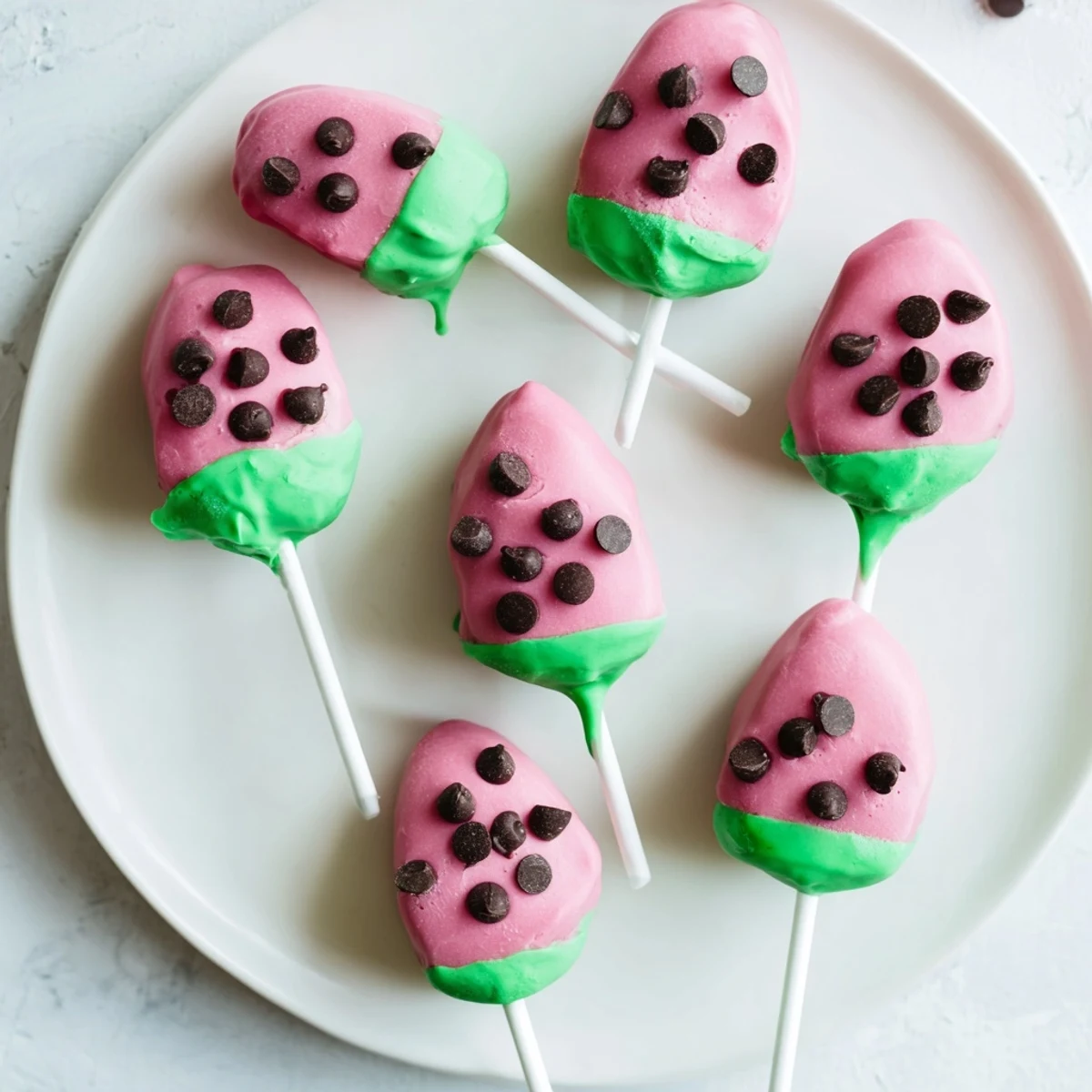 Festive watermelon cake pops coated in colorful candy melts resembling fresh fruit slices