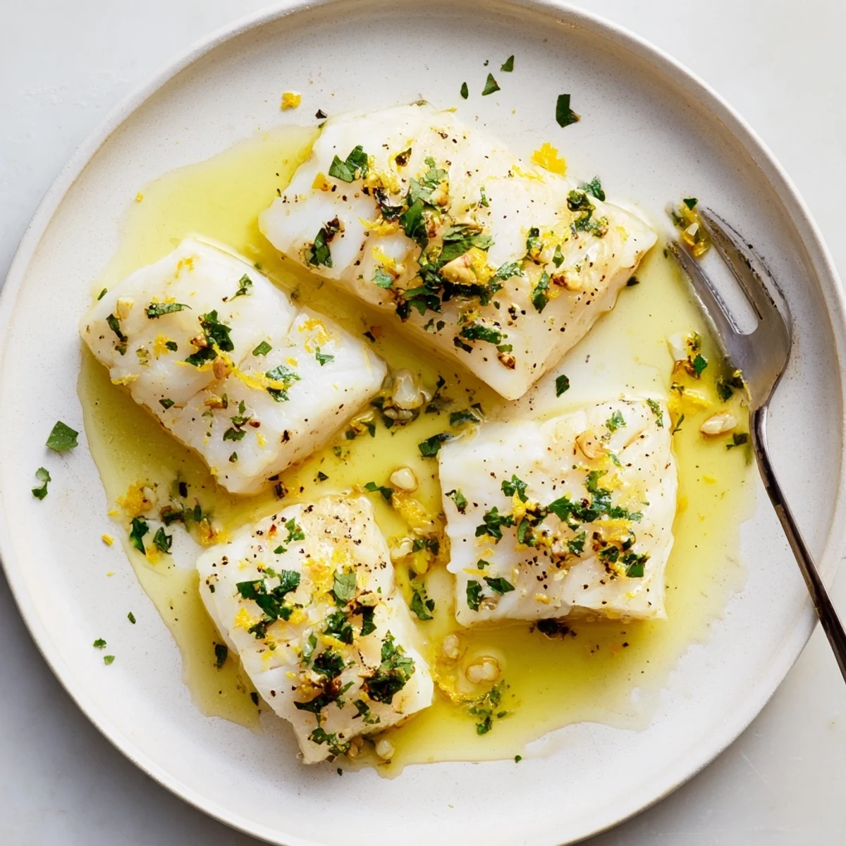 Golden pan-seared cod fillets drizzled with rich lemon garlic butter sauce and fresh parsley