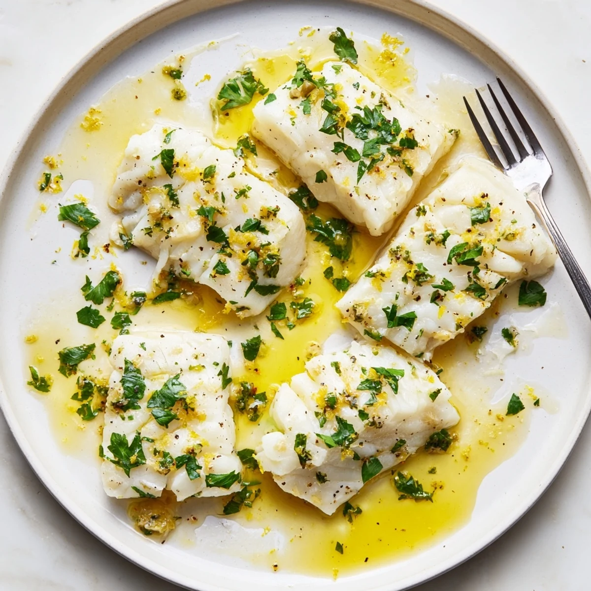 Tender lemon garlic butter cod served with bright lemon wedges and chopped green parsley