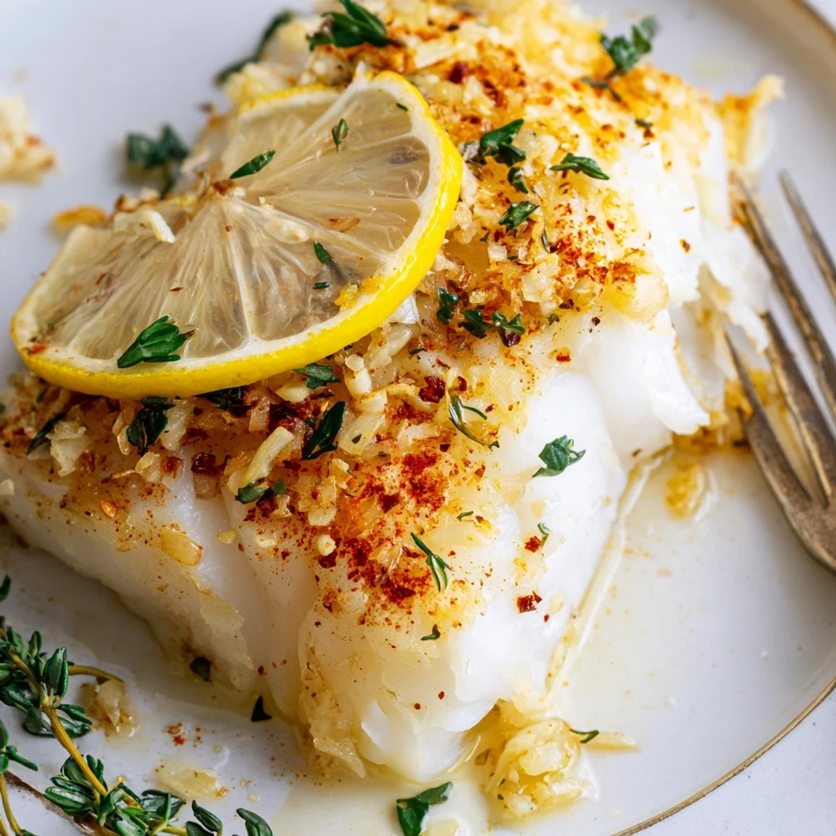 Golden baked cod fillets with fresh lemon slices and green herbs on a white plate