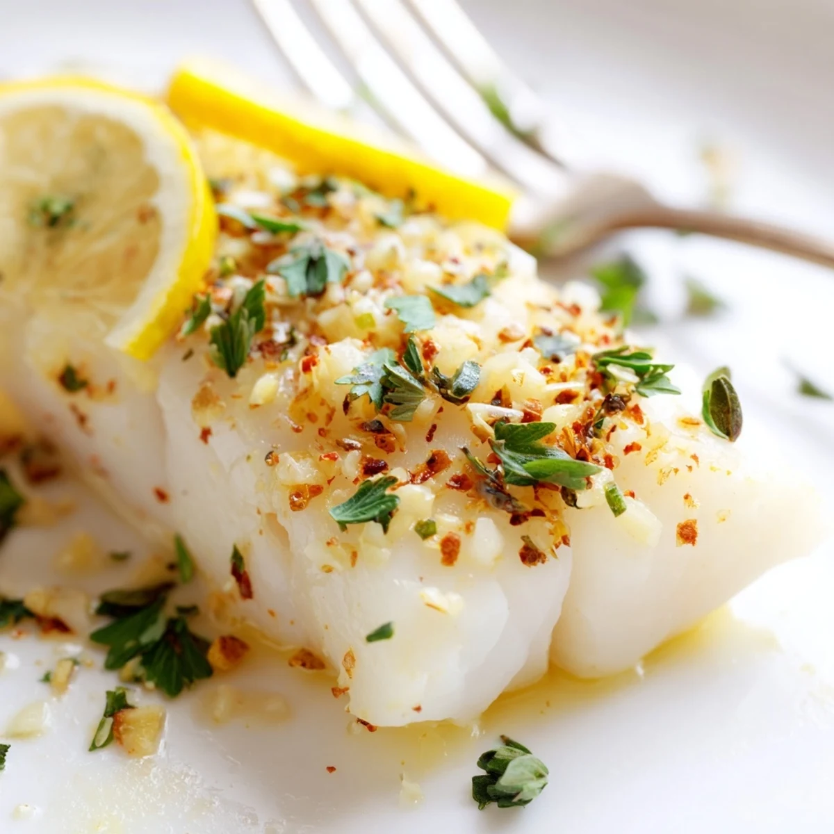 Oven-baked cod with roasted lemon wedges and thyme sprigs on a rustic wooden board