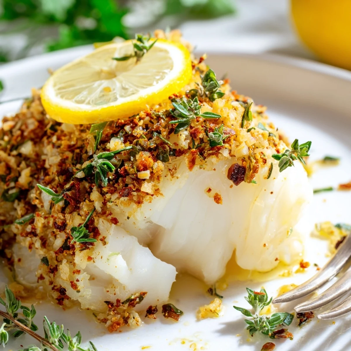 Tender lemon garlic baked cod flaking apart with colorful paprika and parsley garnish