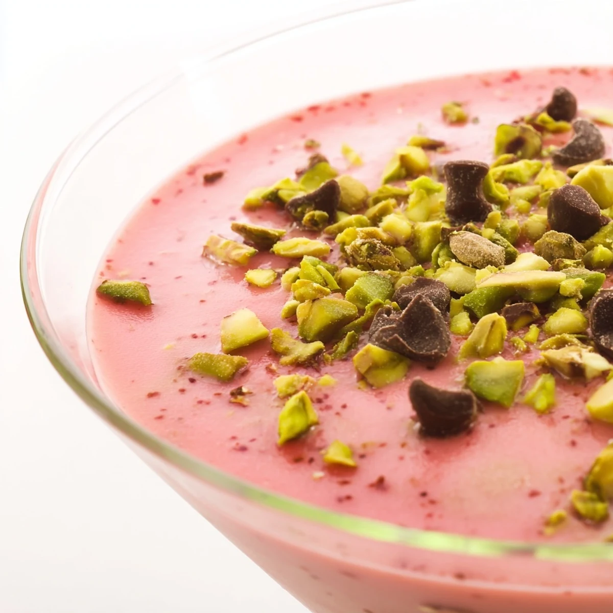 Pale pink Sicilian watermelon pudding topped with crushed pistachios and dark chocolate chips in clear glass
