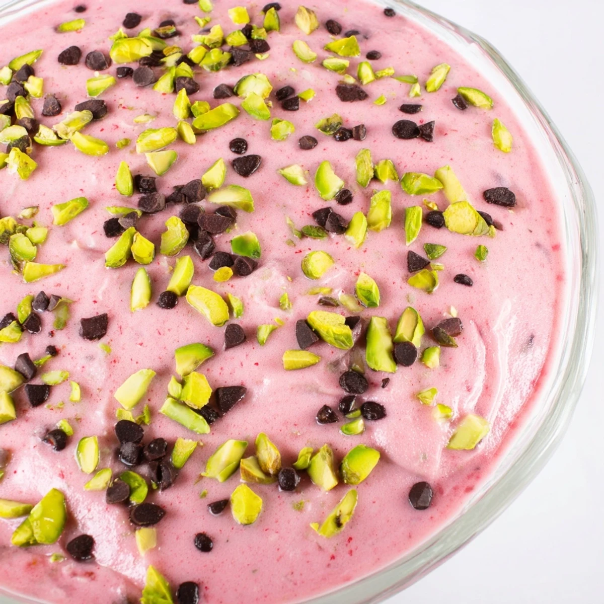 Creamy watermelon pudding set in individual glasses sprinkled with chopped nuts and chocolate pieces