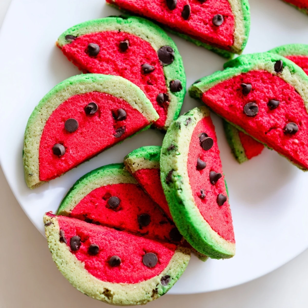 Fresh watermelon slice cookies with red centers, green rinds, and chocolate chip seeds on a white plate