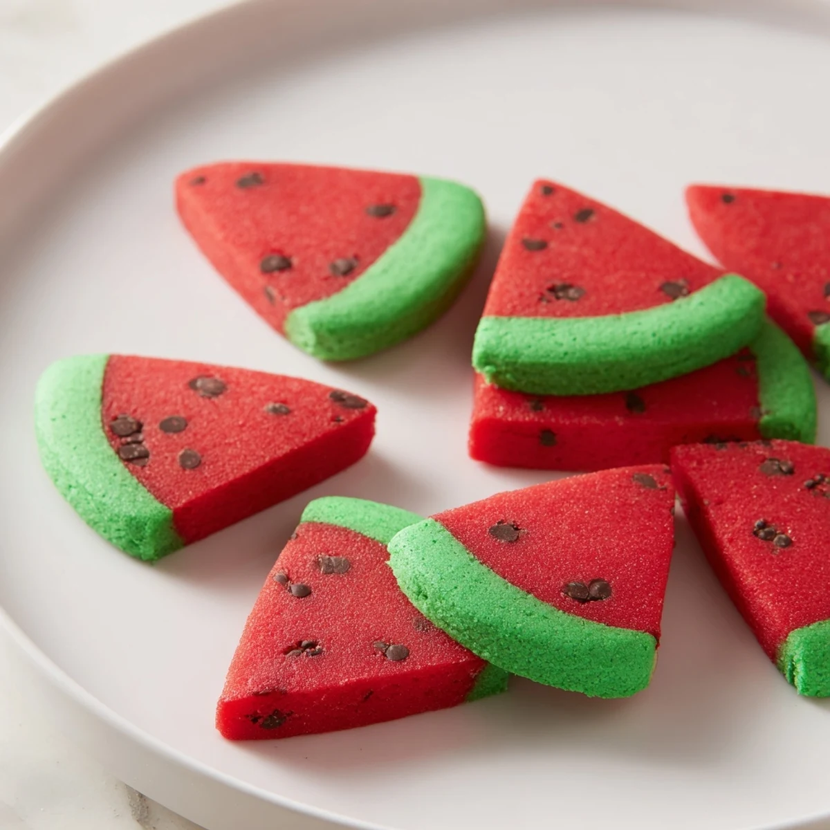 Colorful watermelon slice cookies arranged on a wooden board for summer parties and kids celebrations