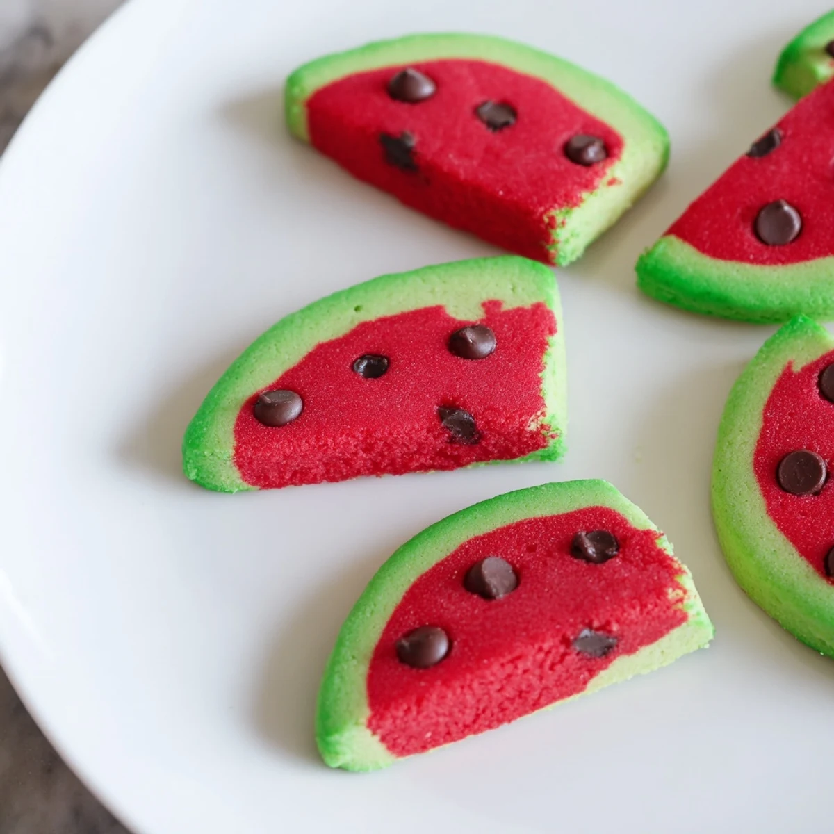 Homemade watermelon slice cookies featuring vibrant red dough, green edges, and mini chocolate chip seed details