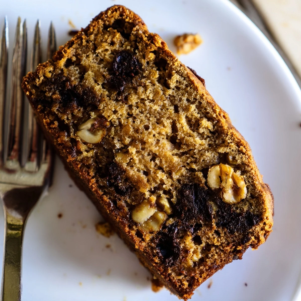 Protein banana bread oil free breakfast slice topped with walnuts on rustic wooden board with morning light