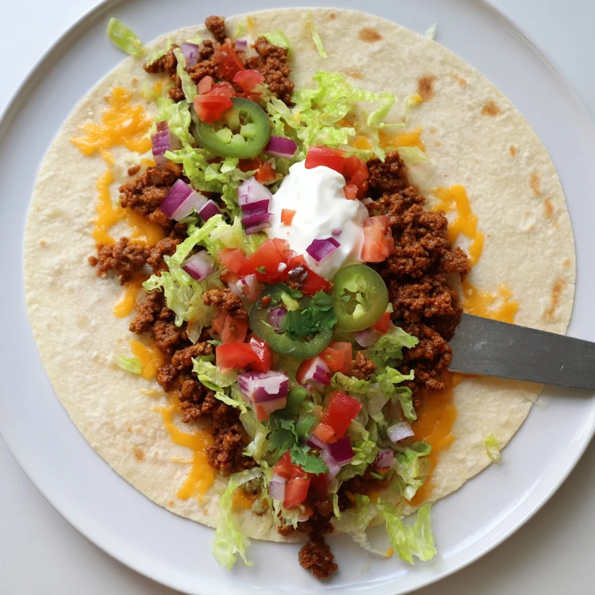 Sizzling smash beef tacos loaded with Monterey Jack cheese and fresh vibrant toppings