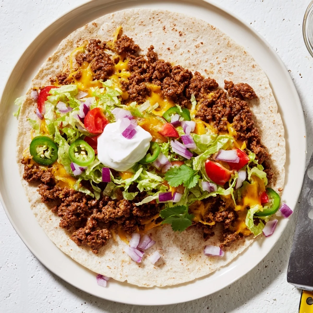 Flavorful smashed beef patties on griddled tortillas with bubbling cheese and colorful garnishes