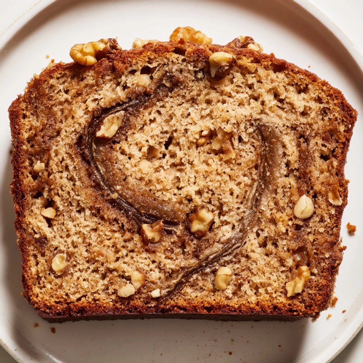 Golden banana nut bread with walnuts and cinnamon swirl cooling on wire rack