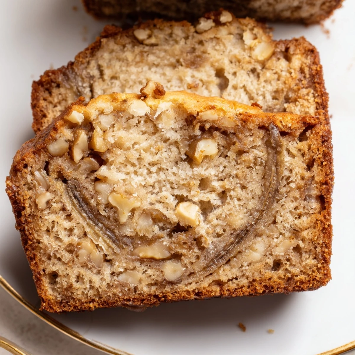Freshly baked banana nut bread with crunchy walnuts swirled with brown sugar cinnamon
