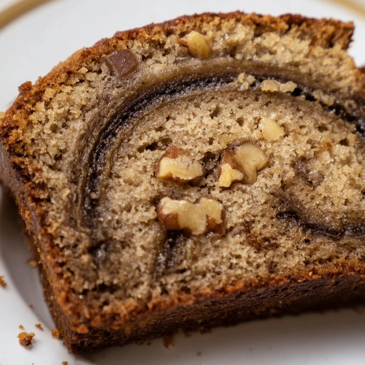 Moist banana nut bread loaf sliced to reveal walnuts and cinnamon sugar ribbon