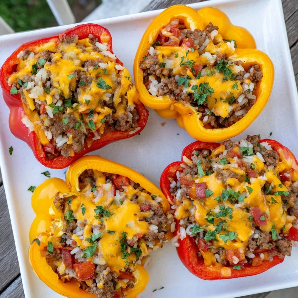 Golden melted cheese tops these colorful kielbasa stuffed bell peppers with savory beef rice filling