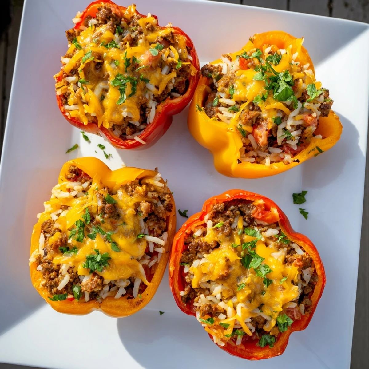 Hearty kielbasa stuffed bell peppers featuring cheesy ground beef rice filling fresh from the oven