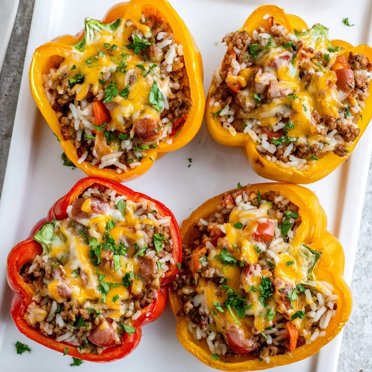 Baked red bell peppers overflowing with seasoned kielbasa beef and rice mixture under bubbly cheddar