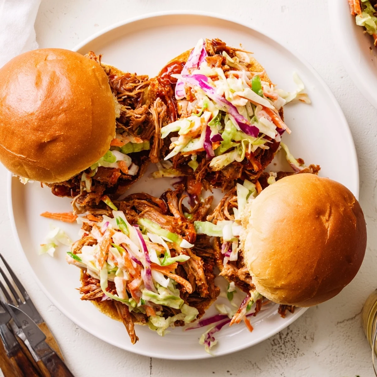 Golden BBQ pulled beef sliders piled on toasted brioche buns with crisp coleslaw topping