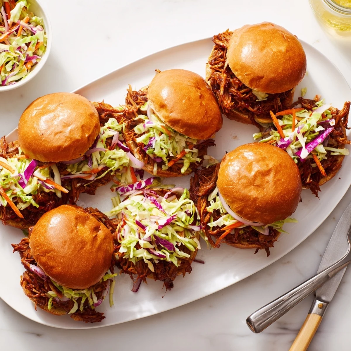 Tender smoky beef sliders featuring crunchy coleslaw on soft golden brioche buns