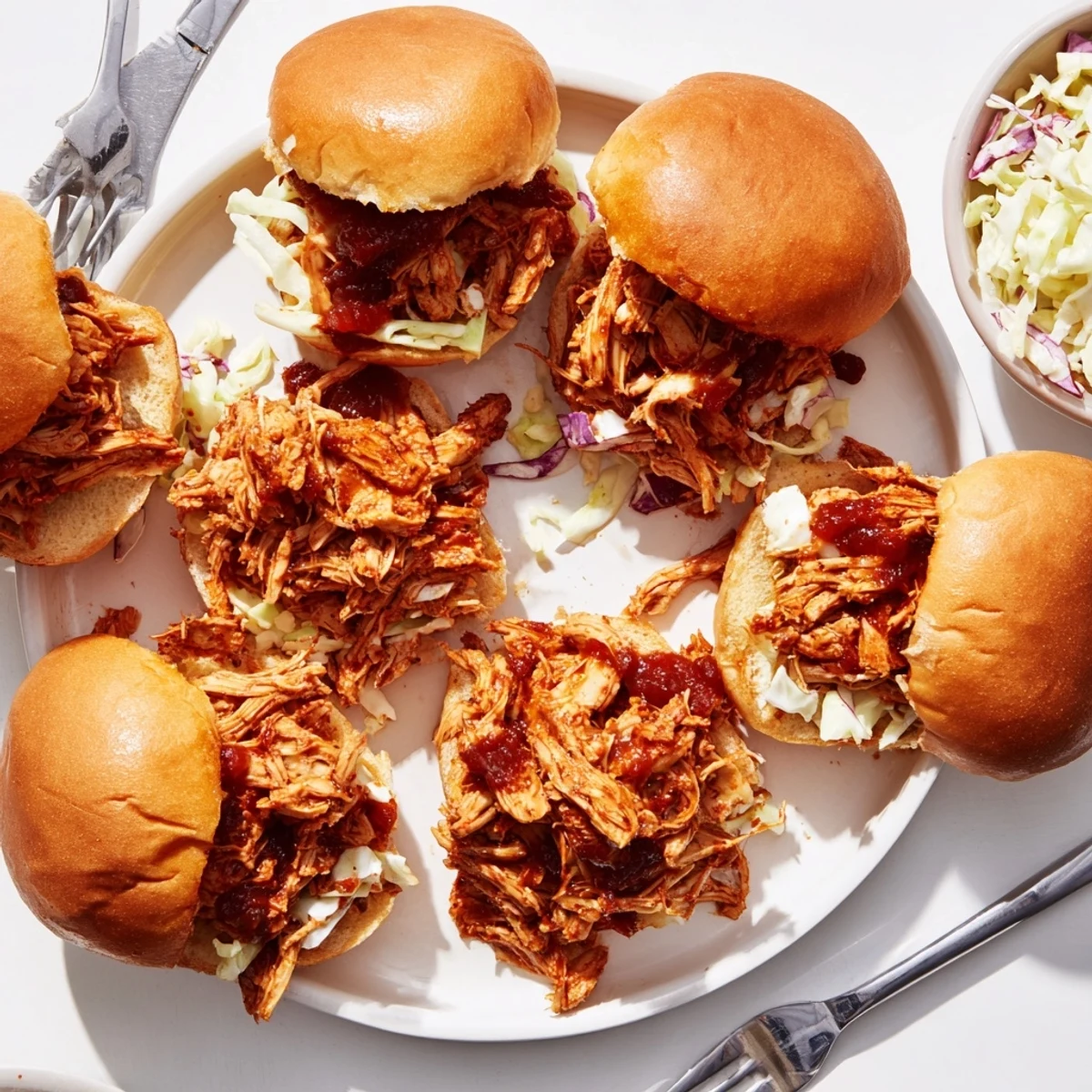 Golden Hawaiian rolls piled high with smoky BBQ pulled chicken and crisp coleslaw