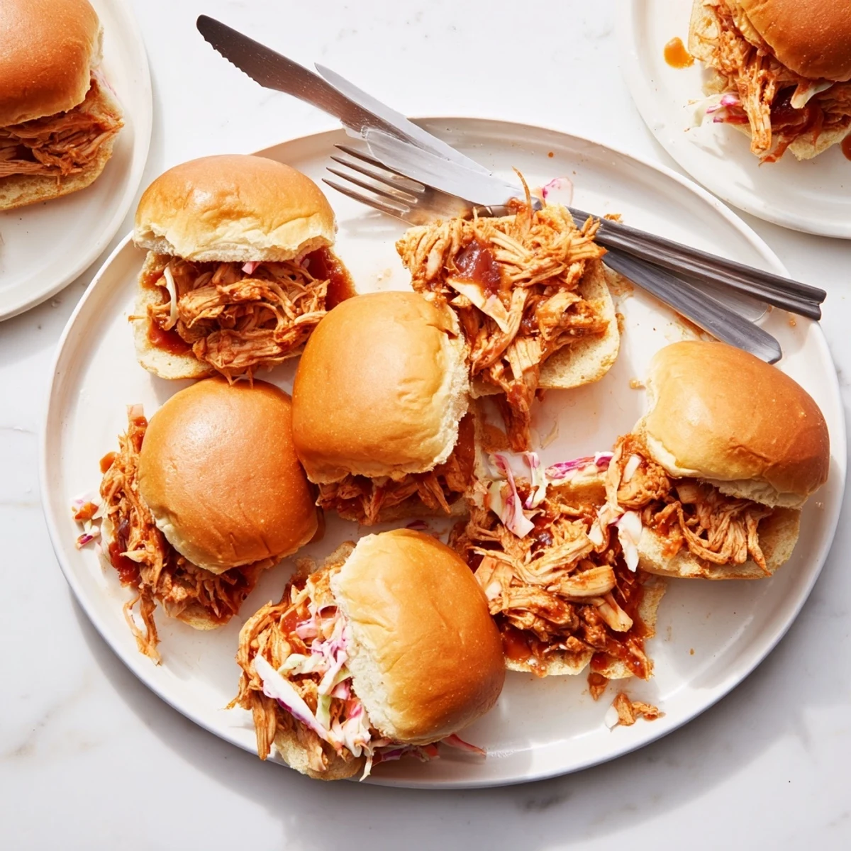 Tender shredded chicken in tangy barbecue sauce stuffed between sweet, fluffy slider buns