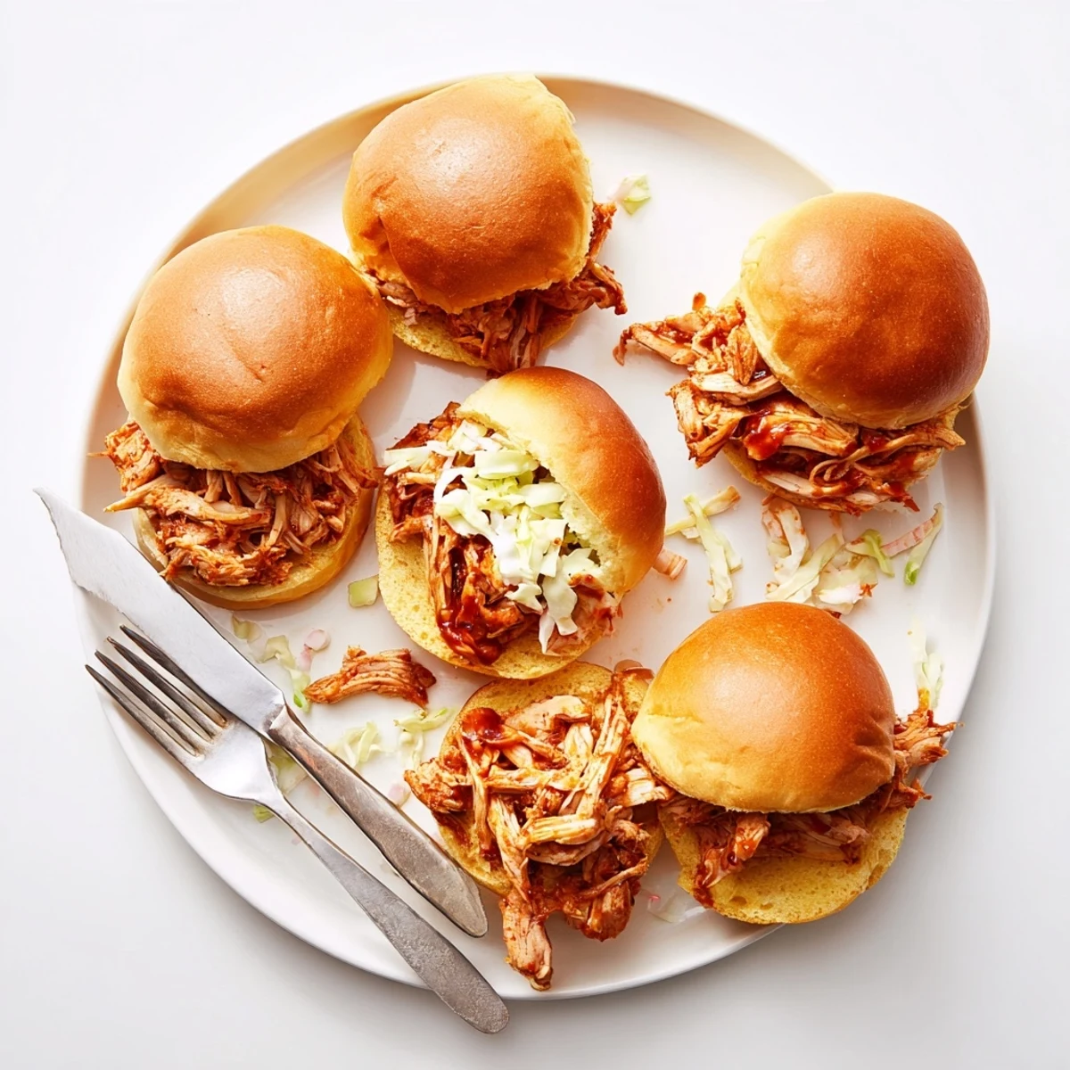 Messy BBQ pulled chicken sliders served on toasted Hawaiian rolls with creamy slaw topping