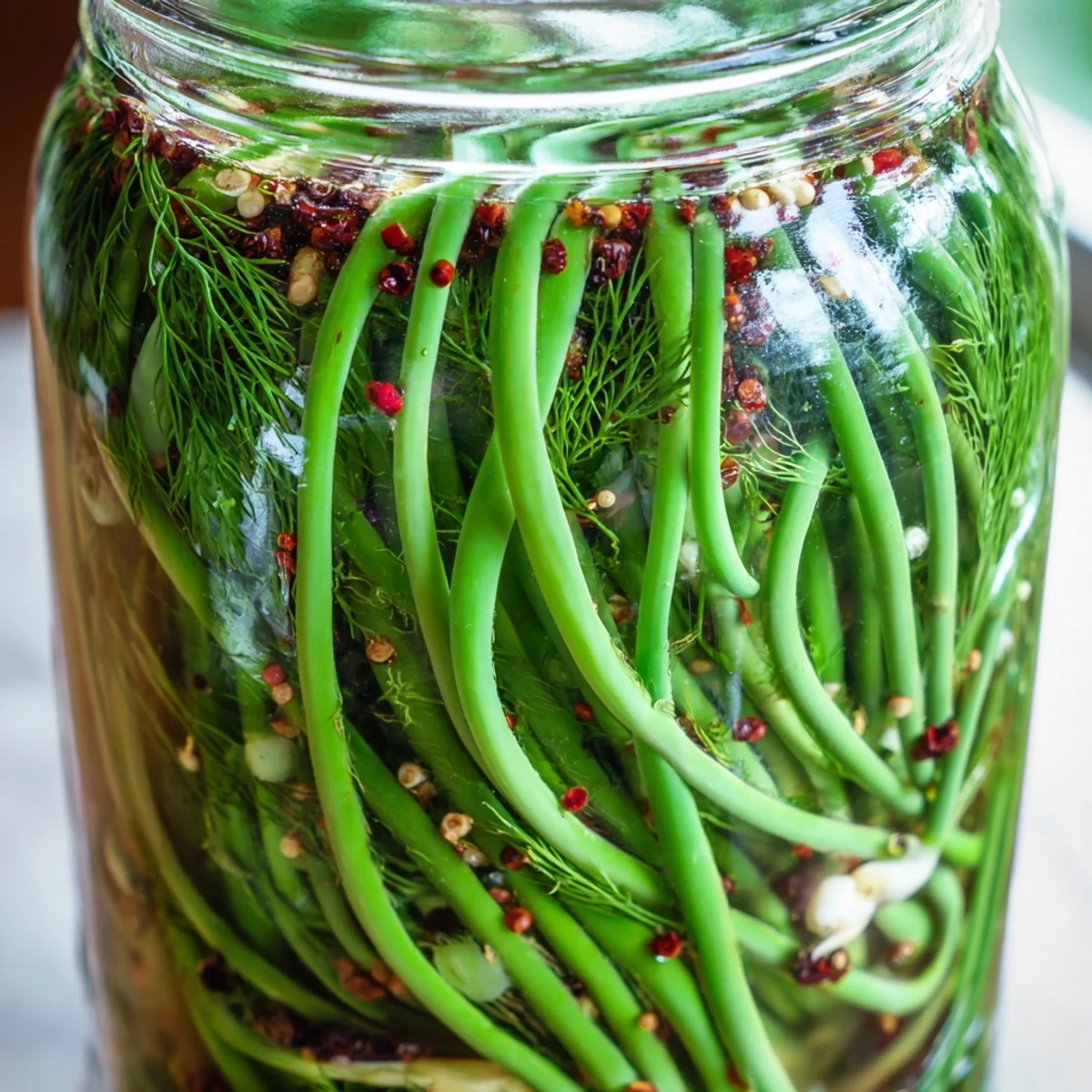 Golden garlic scapes curled in glass jars with spices and tangy vinegar brine