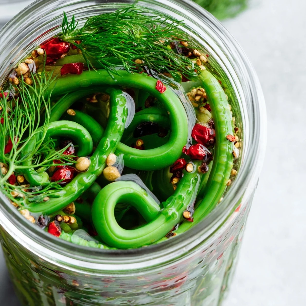 Spicy pickled garlic scapes with chili flecks suspended in clear canning liquid