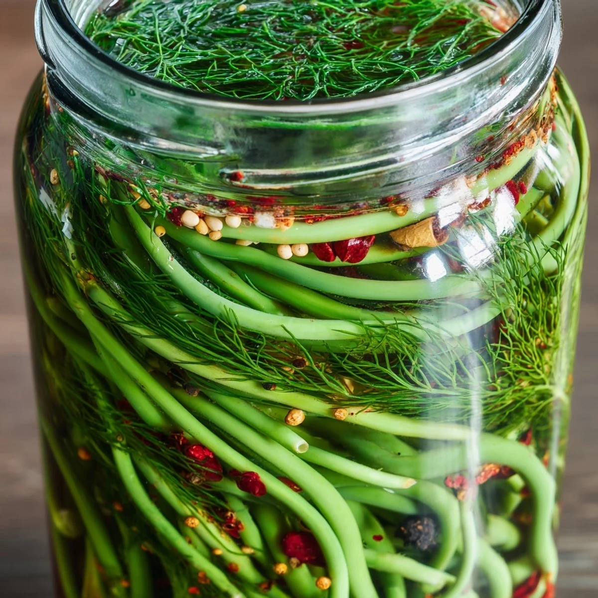 Crisp garlic scape pickles packed with peppercorns and dill in vintage mason jars