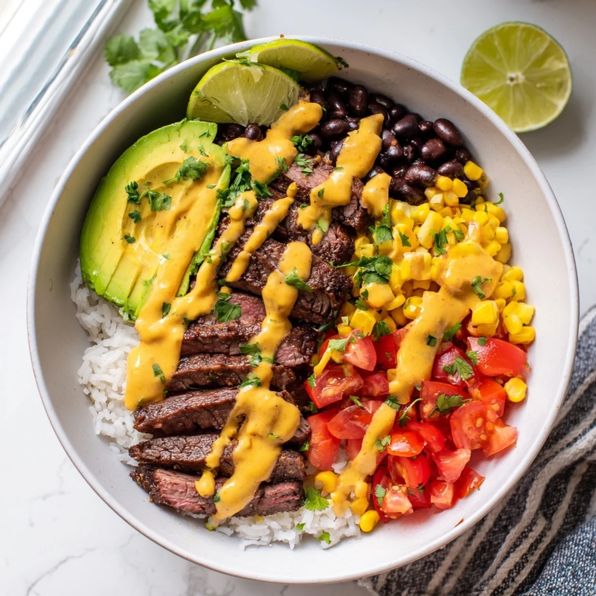 Steak queso rice bowl topped with seasoned flank steak, melted cheddar sauce, and fresh avocado slices